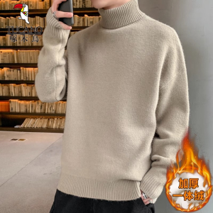 啄木鸟高领一体绒毛衣男士冬季加绒加厚宽松休闲潮流保暖针织衫男