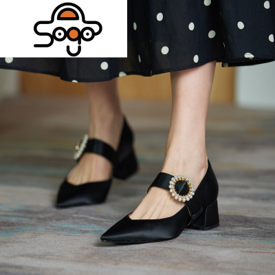 七色王国一鞋4穿~珍珠绸缎粗跟单鞋女黑色百搭中跟赫本鞋气质优雅红色婚鞋休闲鞋