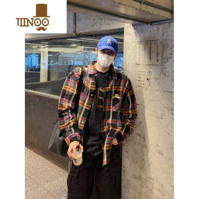 YANXU秋季日系撞色格子衬衫男复古cityboy小众设计感外套宽松休闲衬衣