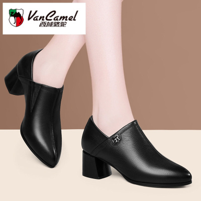 真皮妈妈皮鞋女2021新款女鞋子春季中跟百搭职业舒适软皮粗跟单鞋