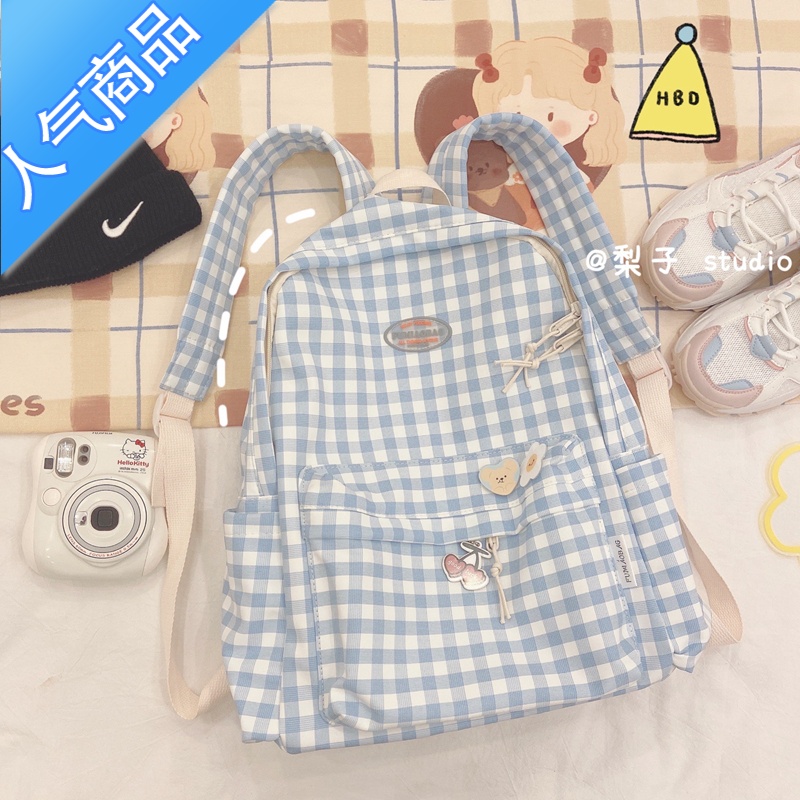 封后日系文艺格子书包韩版原宿ulzzang高中学生校园背包女双肩包ins风学生书包