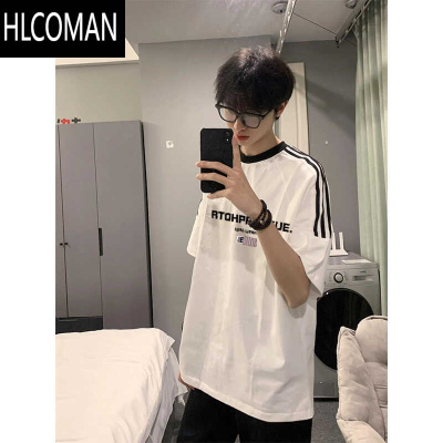 HLCOMAN美式潮牌条纹拼接男款短袖t恤夏季青少年插肩袖体恤