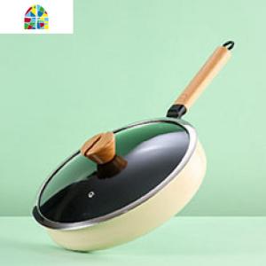 生活原本牛排平底锅不粘煎锅家用烙饼锅煎蛋锅电磁炉通适用 FENGHOU 奶油杏色-木珠盖送木铲