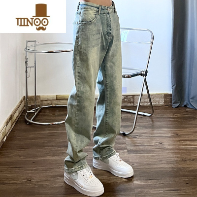 YANXU美式街头复古黄泥染水洗做旧牛仔裤休闲直筒坠感高街嘻哈男ins潮