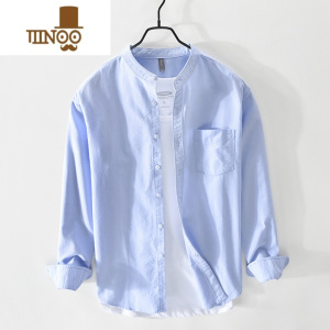 YANXU日系立领牛津纺长袖衬衫男宽松休闲衬衣外套白色寸上衣