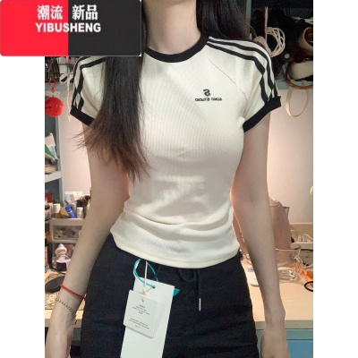 YIBUSHENG设计感小众插肩条纹短袖T恤女甜辣妹短款修身显瘦正肩上衣