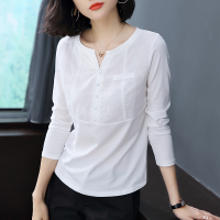 迪鲁奥(DILUAO)轻奢品质2019年秋季新款韩版宽松长袖女大码白色上衣立体装饰T恤植物花卉V领打底衫潮