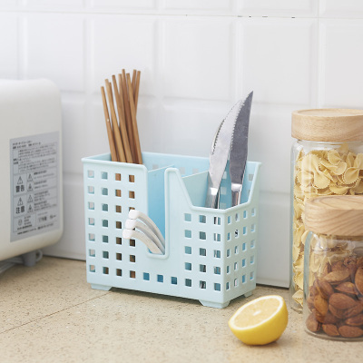 创意家用厨房筷笼子筷子盒多功能塑料笼沥水架收纳筒大筷筒桶 敬平 3格蓝色