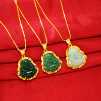 越南沙金金镶玉弥勒佛玉坠挂坠镀24K金久不掉色项链锁骨链女首饰送女朋友老婆情人节七夕生日礼物