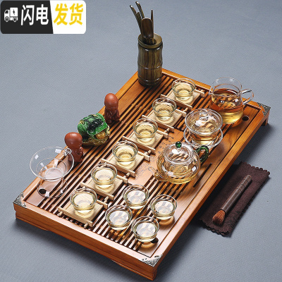三维工匠 紫砂整套功夫茶具套装家用实木茶盘抽屉式茶杯茶道茶台 玻璃茶具+荷香幽梦[原木色] 27件