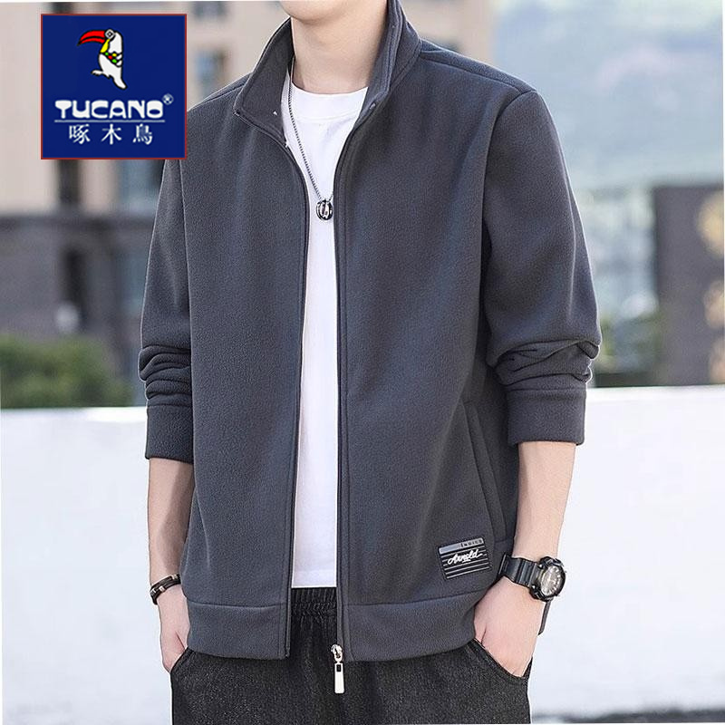 啄木鸟摇粒绒立领外套男士秋冬款加绒休闲开衫卫衣抓绒男装夹克