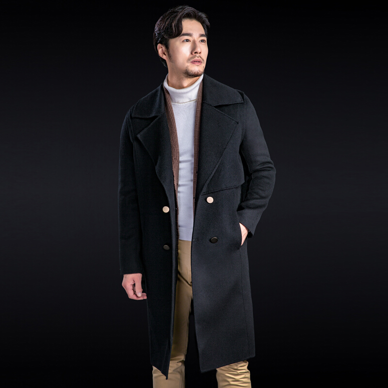 男士羊毛呢大衣外套中长款双面尼呢子大衣韩版双排扣羊绒大衣男黑色