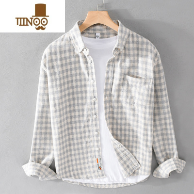 YANXU春季感小众设计日系复古格子长袖衬衫男休闲磨毛免烫衬衣外套