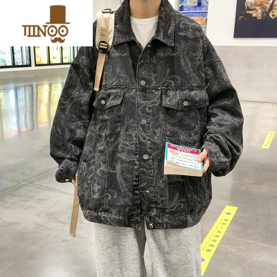 YANXU美式hiphop印花牛仔夹克男复古百搭上衣vibe高街复古潮牌外套