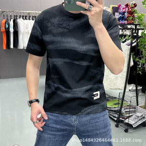 男装夏季新款短袖漂染条纹喷T恤男高街潮牌水洗个性痞帅男士上衣