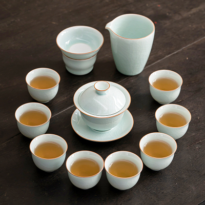 苏氏陶瓷(SUSHI CERAMICS)汝窑卵青 开片可养金线三才盖碗8茶杯高档礼盒装