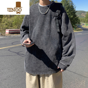 YANXU美式复古水洗做旧长袖T恤男潮牌宽松纯色高街百搭ins圆领上衣