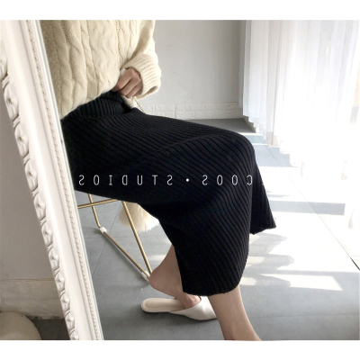 暖青汇裙子女秋冬针织半身裙百搭韩版一步裙复古高腰长裙显瘦修身包臀裙半身裙
