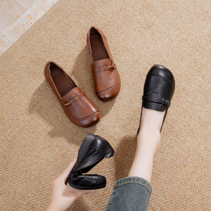 中老年深口复古单鞋女秋季新款真皮平跟软底一脚蹬圆头妈妈鞋_967