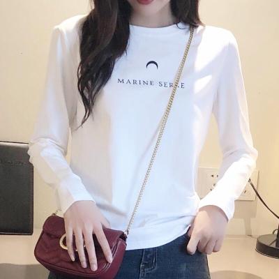 珂卡慕(KEKAMU)秋装白色T恤女长袖字母圆领韩版显瘦加绒加厚打底衫白色月亮长袖加厚XS推荐好货