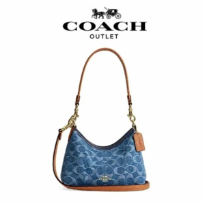 [香港直邮]COACH蔻驰Laurel 19拉链开合 织物配拼牛剖层革 单肩包斜跨流浪包小号 丹宁蓝