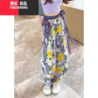 YIBUSHENG新中式国风印花冰丝阔腿裤女大码胖mm季薄款飘带高腰显瘦休闲裤
