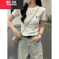 YIBUSHENG白色刺绣正肩短袖T恤女季2024新款韩系修身甜辣妹短款上衣