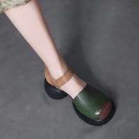 复古厚底粗跟包头凉鞋女新款手工拼色坡跟方头魔术贴中空单鞋