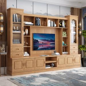 中式实木电视柜组合墙柜客厅多功能背景柜茶几地柜橡木影视柜书柜