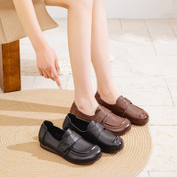 春季真皮牛筋软底单鞋女平跟深口魔术贴复古手工中老年妈妈鞋