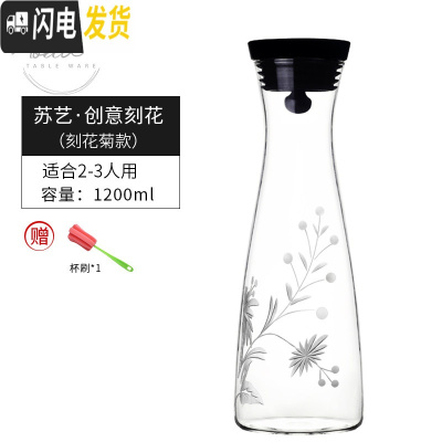 三维工匠Grand Cru欧式凉水壶玻璃可高温家用防爆冷水壶套装大容量凉水杯 苏艺.创意刻花1200[刻菊]