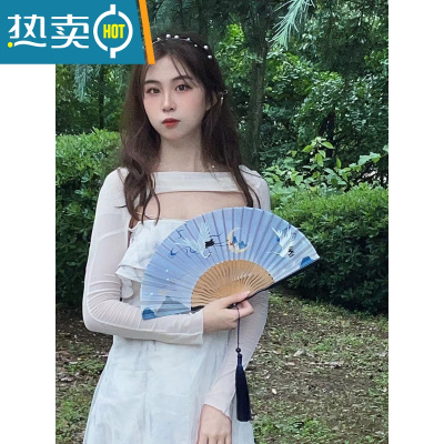XIANCAI古风扇子折扇仙鹤小竹扇女士旗袍中国风跳舞扇舞蹈手绘便携夏季天 天蓝色