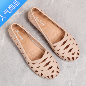 SUNTEK2023网红新款沙滩凉鞋女夏低跟妈妈圆头浅口单鞋女士镂空防滑增高