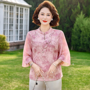 2026年女装时尚水印中老年妈妈装薄款雪纺衫气质简约国风中年衣服