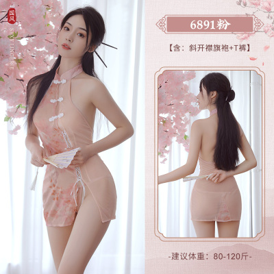 霏慕斜开襟印花透纱旗袍性感透明情趣内衣旗袍制服古风汉服女式情趣睡衣午夜魅力女士衣服成人用品6891