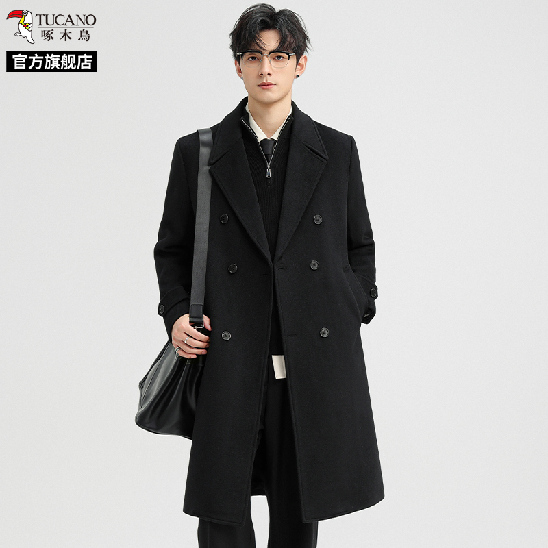 啄木鸟毛呢大衣男中长款2025冬季新款风衣加厚羊毛双排扣呢子外套