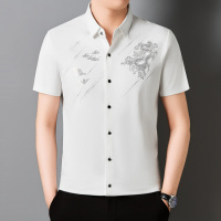 2025夏季新款男冰丝翻领开衫休闲T恤衬衫男装绣花中国龙
