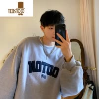 YANXU灰色圆领卫衣男秋季日系宽松大码字母休闲套头美式情侣打底衫