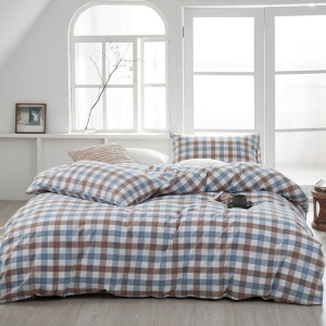 雅鹿床上用品無印风色织全棉水洗棉四件套条纹格子系列舒适透气套件双人床单款被套枕套