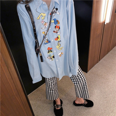 YIBUSHENG春秋港风新款宽松卡通印花牛仔衬衫上衣女高腰休闲格子直筒裤套装牛仔裤