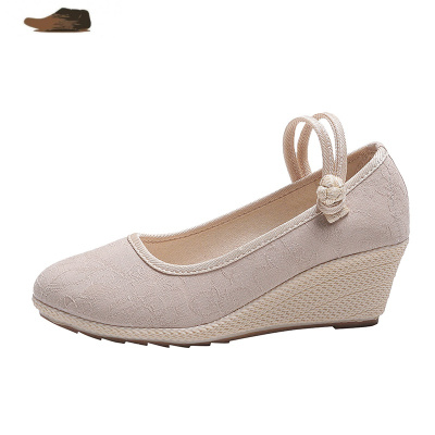 Ideamini老北京布鞋女坡跟厚底茶艺单鞋高跟民族风绣花鞋女小码护士鞋搭扣休闲鞋