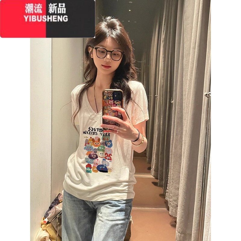 YIBUSHENG大领口宽松白色短袖正肩t恤女季新款美式复古设计感v领上衣