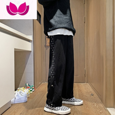 七斓高街拼接格子牛仔裤男日系潮牌炸街潮流宽松帅气学生阔腿休闲长裤