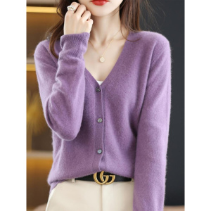 早春新款非羊绒开衫女V领长袖宽松显瘦秋冬季毛衣打底针织衫外套