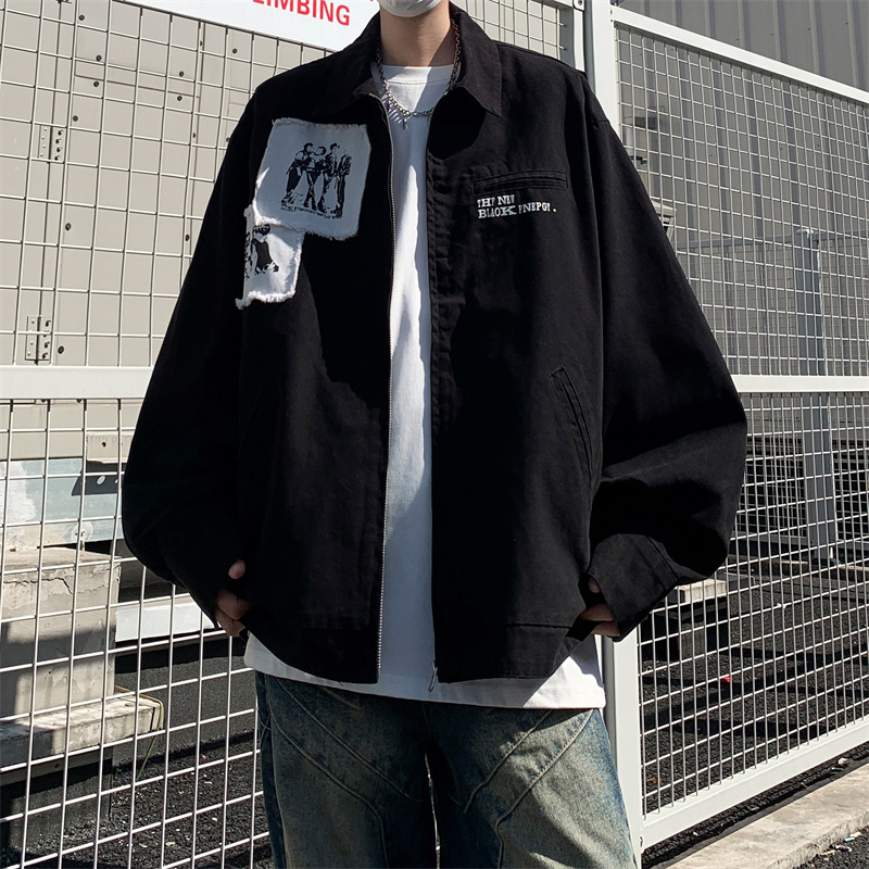 男装美式潮牌翻领夹克男春秋新款痞帅宽松休闲底特律工装夹克外套