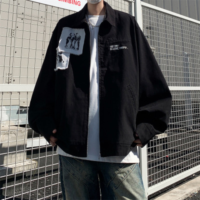 男装美式潮牌翻领夹克男春秋新款痞帅宽松休闲底特律工装夹克外套