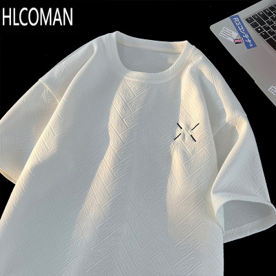HLCOMAN提花白色短袖t恤男士2025新款夏季潮牌宽松设计感体恤上半袖
