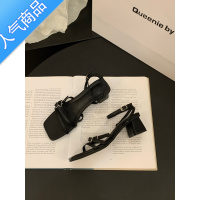 SUNTEK法式中高跟一字带凉鞋仙女鞋子2023年新款夏季气质银色粗跟罗马鞋