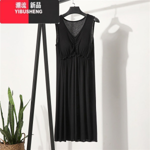 YIBUSHENG带胸垫连衣裙女季薄款宽松睡裙v领莫代尔打底裙中长款休闲裙子