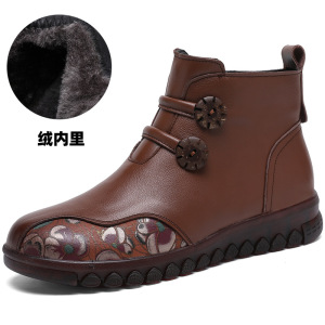 真皮软底妈妈棉鞋冬季加绒保暖民族风短靴防滑印花复古女鞋